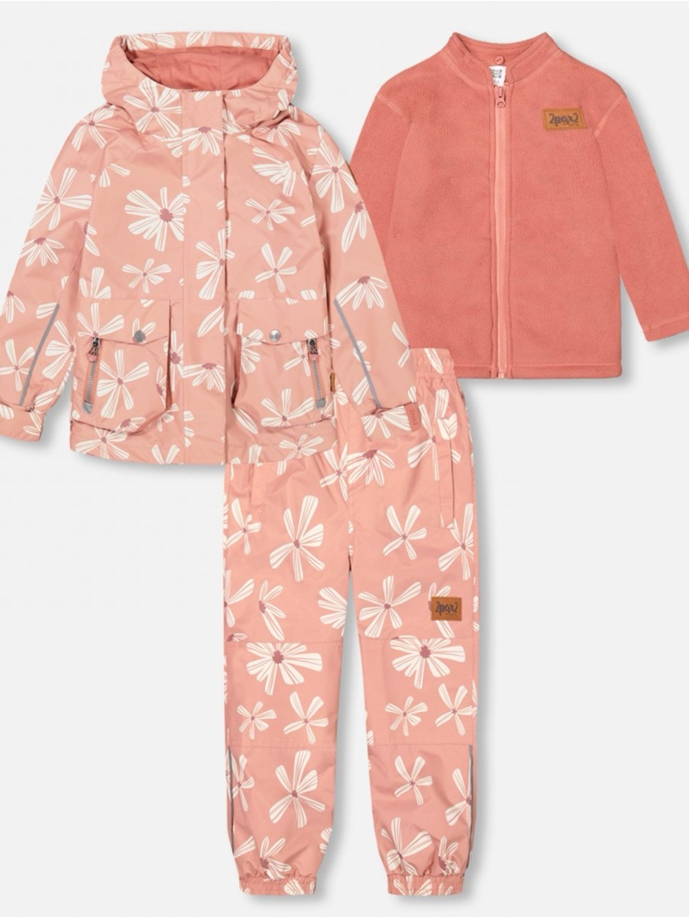 deux par deux Girls' Pink Floral Raincoat, Pants & Fleece Set